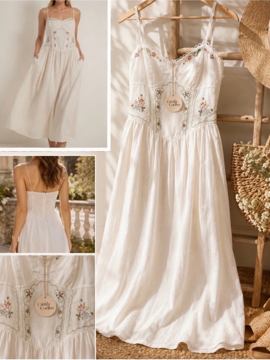 Camila Coelho Dresses & Skirts - Viral Camila Coelho Cream floral Embroidered linen blend flare midi dress